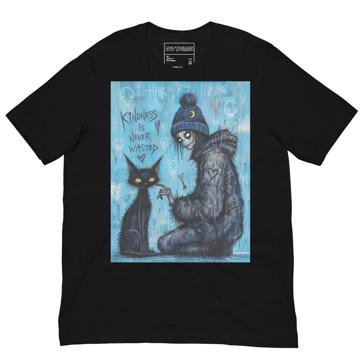 Black unisex t-shirt with the 'Kindness Is Never Wasted' goth graphic: a girl in a moon beanie petting a black cat on a blue background, with the words "Kindness is never wasted"