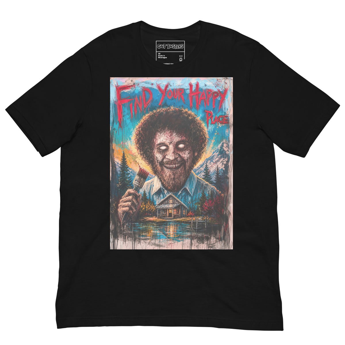 Black unisex t-shirt with the 'Find Your Happy Place' goth graphic: a zombie painter with a curly afro holding a paintbrush in front of a lakeside cabin, with the words "Find your happy place"