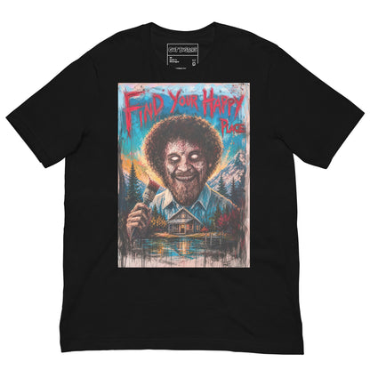 Black unisex t-shirt with the 'Find Your Happy Place' goth graphic: a zombie painter with a curly afro holding a paintbrush in front of a lakeside cabin, with the words "Find your happy place"