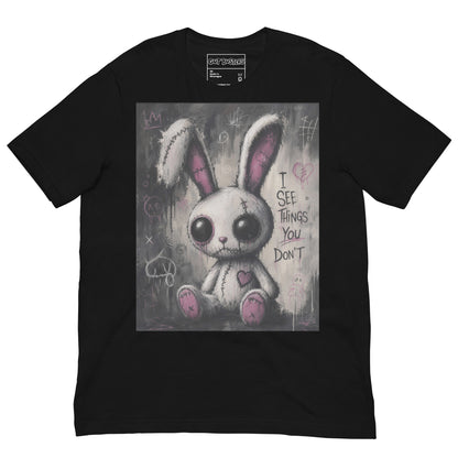 Black unisex t-shirt with the 'I See Things You Don't' goth graphic: a stitched white bunny with hollow eyes, with the words "I see things you don't"