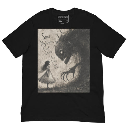Black unisex t-shirt with the 'Nightmares' goth graphic: a girl in a white dress facing a shadowy clawed monster, with the words "Some nightmares don't leave, they learn your name"