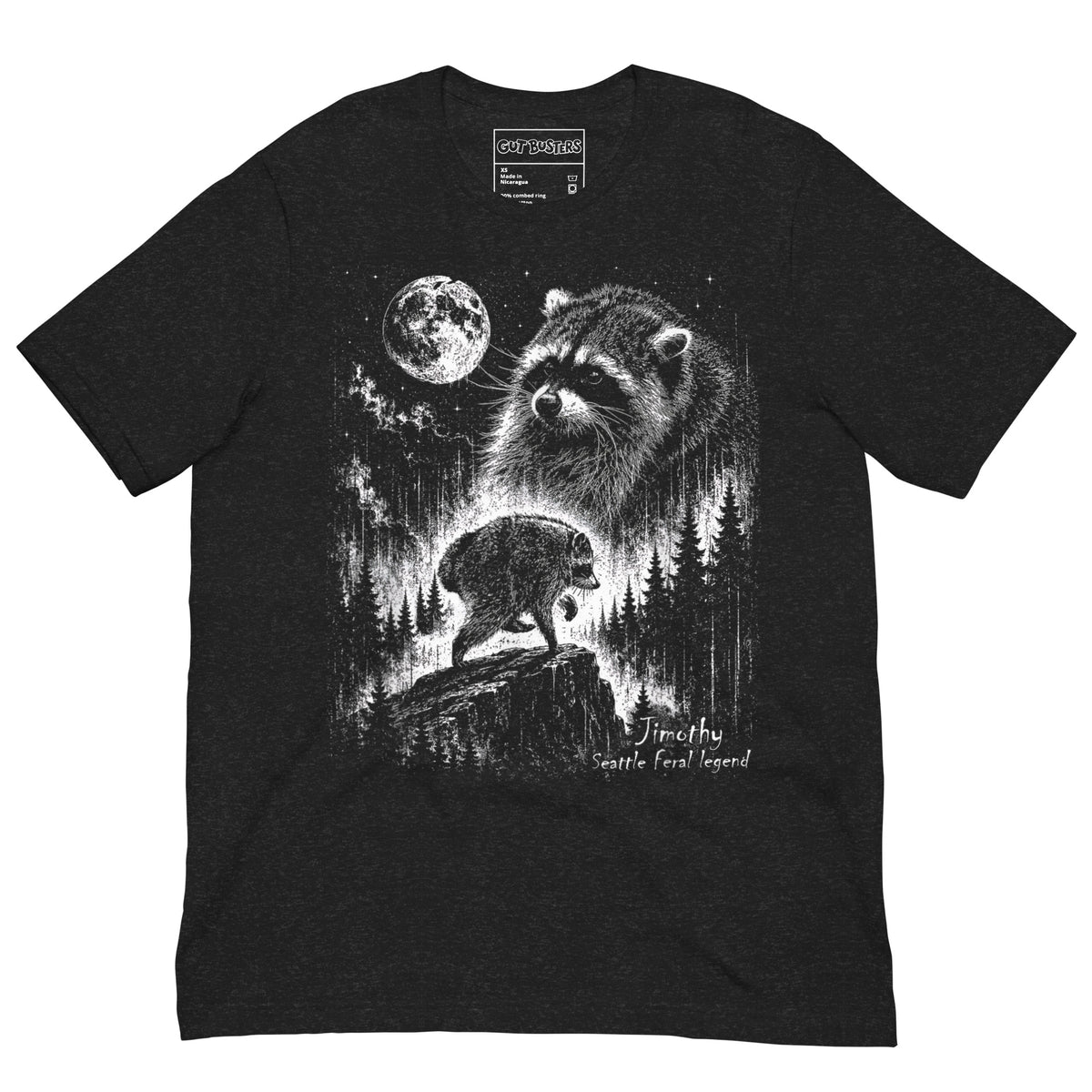 Funny "Jimothy The Raccoon Legend" graphic printed on a black heather unisex tee, front view