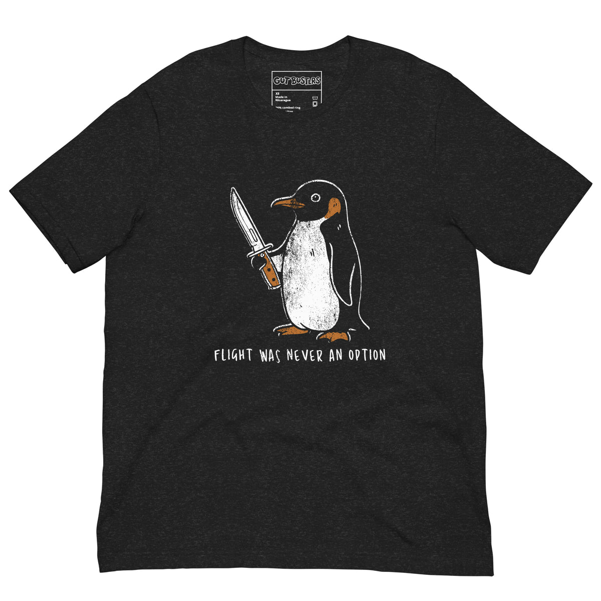 Funny "Flight Was Never An Option" graphic printed on a black heather unisex tee, front view