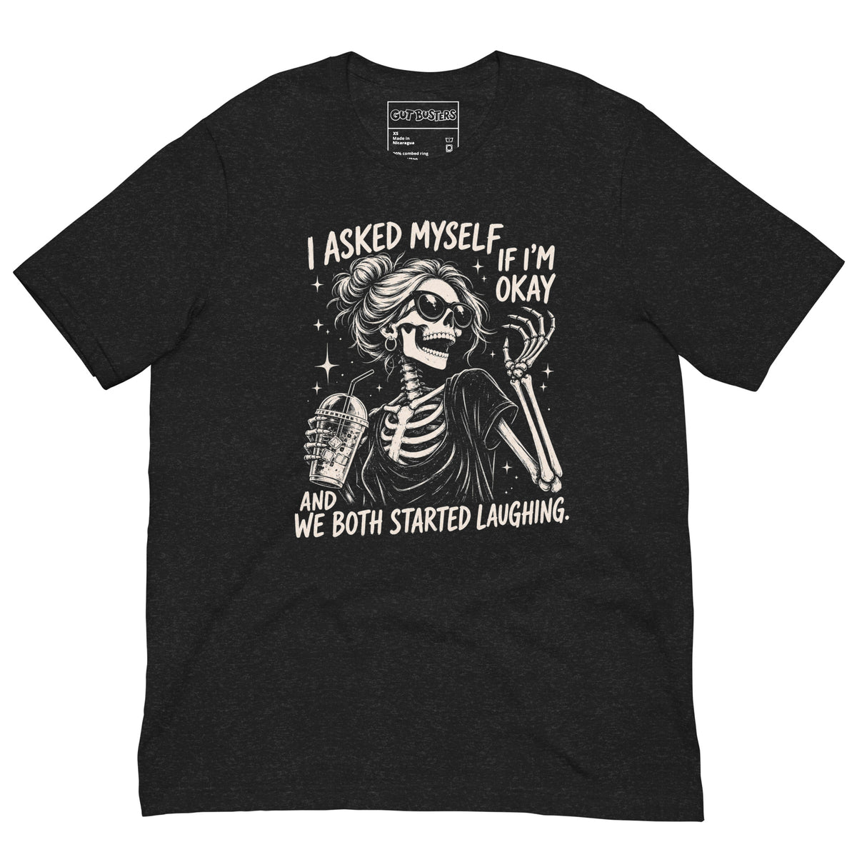 Funny "Am I Ok Self" graphic printed on a black heather unisex tee, front view