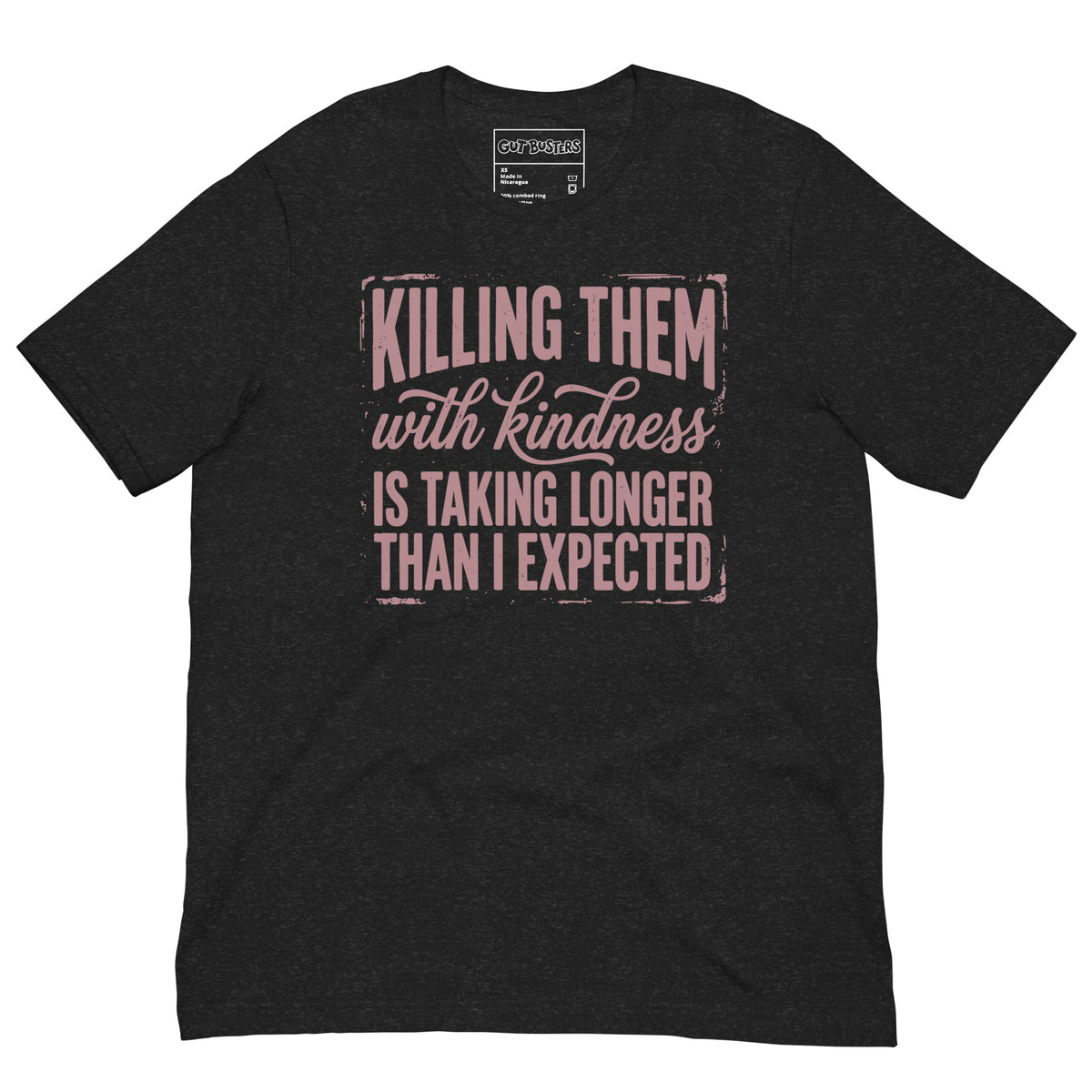 Funny "This Is Taking Way To Long" graphic printed on a black heather unisex tee, front view