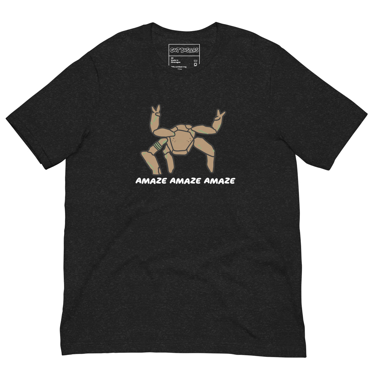 Funny "Rocky The Alien" graphic printed on a black heather unisex tee, front view