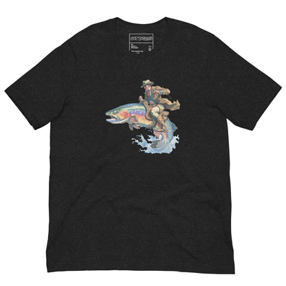 Funny "Salmon Wrangler...They're Real" graphic printed on a black heather unisex tee, front view