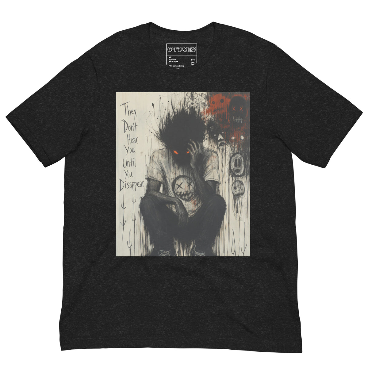 Black heather unisex t-shirt with the 'To Late' goth graphic: a shadowy, wild-haired figure with glowing red eyes hunched over, with the words "They don't hear you until you disappear"
