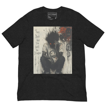 Black heather unisex t-shirt with the 'To Late' goth graphic: a shadowy, wild-haired figure with glowing red eyes hunched over, with the words "They don't hear you until you disappear"