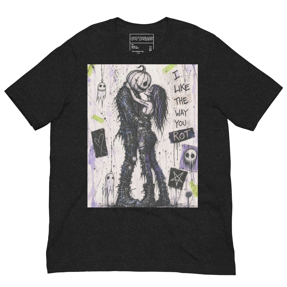 Black heather unisex t-shirt with the 'I Like The Way You Rot' goth graphic: a pumpkin-headed zombie kissing a purple-haired goth girl, with the words "I like the way you rot"