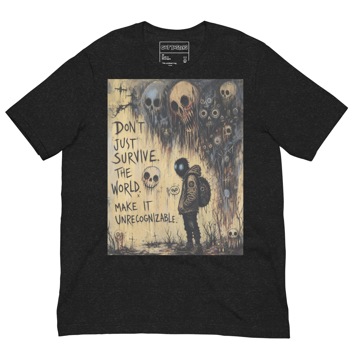 Black heather unisex t-shirt with the 'World Changer' goth graphic: a hooded figure beneath looming skulls, with the words "Don't just survive the world, make it unrecognizable"