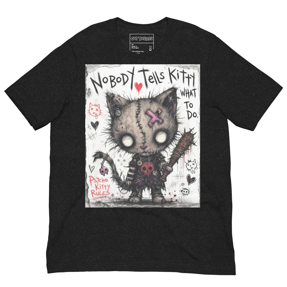 Black heather unisex t-shirt with the 'Kitty' goth graphic: a stitched zombie cat holding a spiked bat, with the words "Nobody tells Kitty what to do"