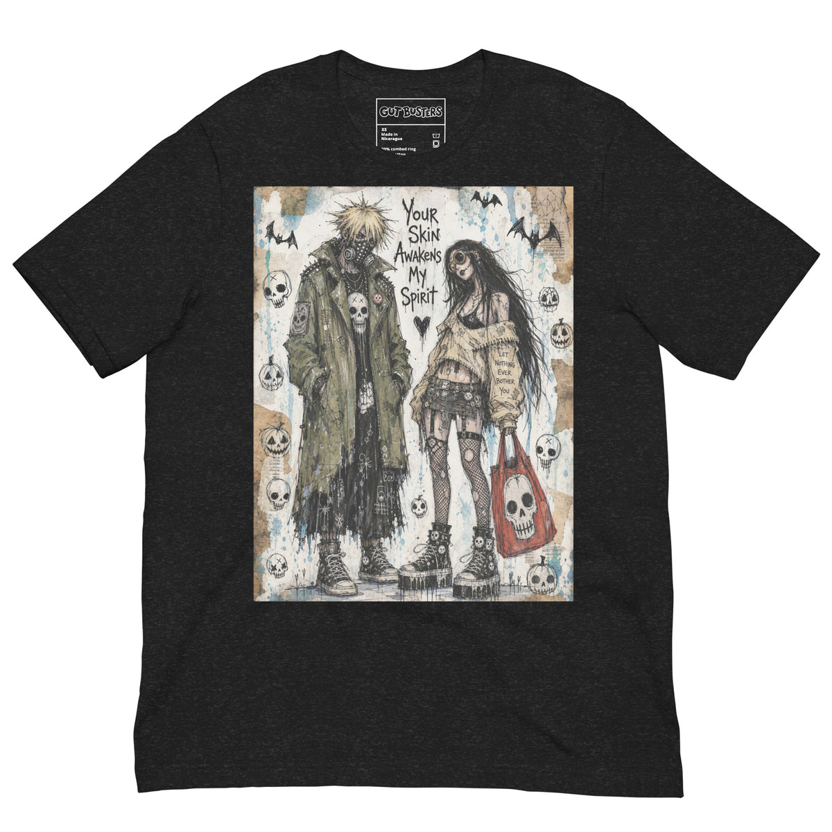 Black heather unisex t-shirt with the 'Your Skin Awakens My Spirit' goth graphic: a grunge zombie couple standing together, with the words "Your skin awakens my spirit"