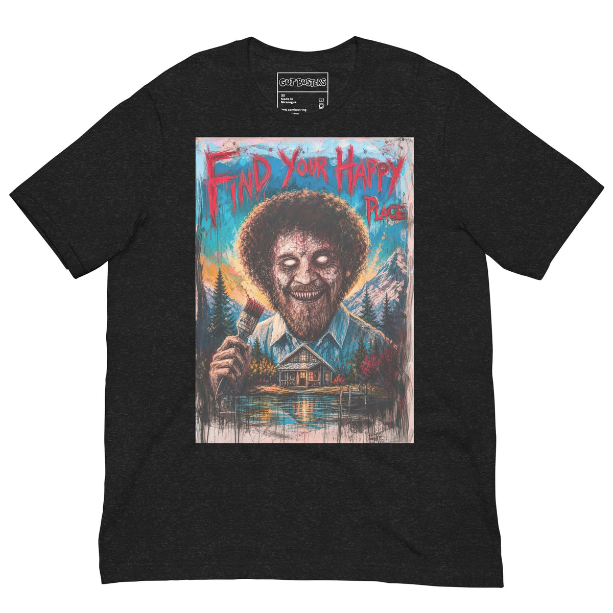 Black heather unisex t-shirt with the 'Find Your Happy Place' goth graphic: a zombie painter with a curly afro holding a paintbrush in front of a lakeside cabin, with the words "Find your happy place"