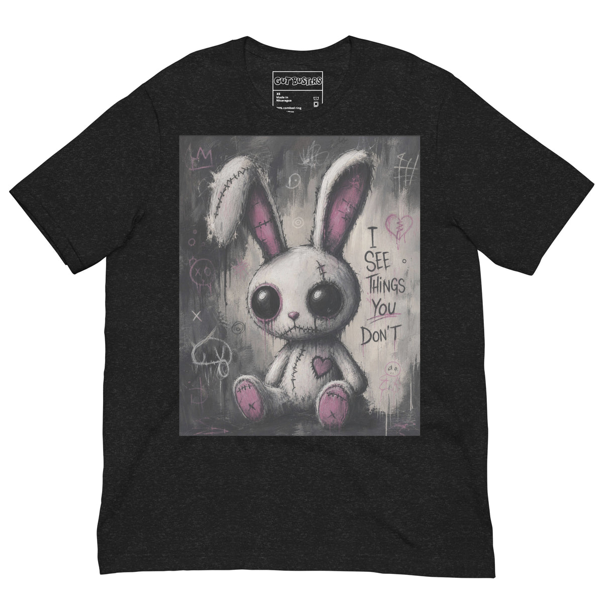Black heather unisex t-shirt with the 'I See Things You Don't' goth graphic: a stitched white bunny with hollow eyes, with the words "I see things you don't"