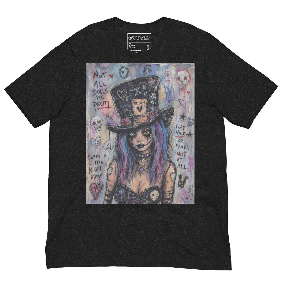 Black heather unisex t-shirt with the 'The Real Alice' goth graphic: a goth girl with blue and purple hair in a patched top hat, with the words "Not all dolls are pretty"