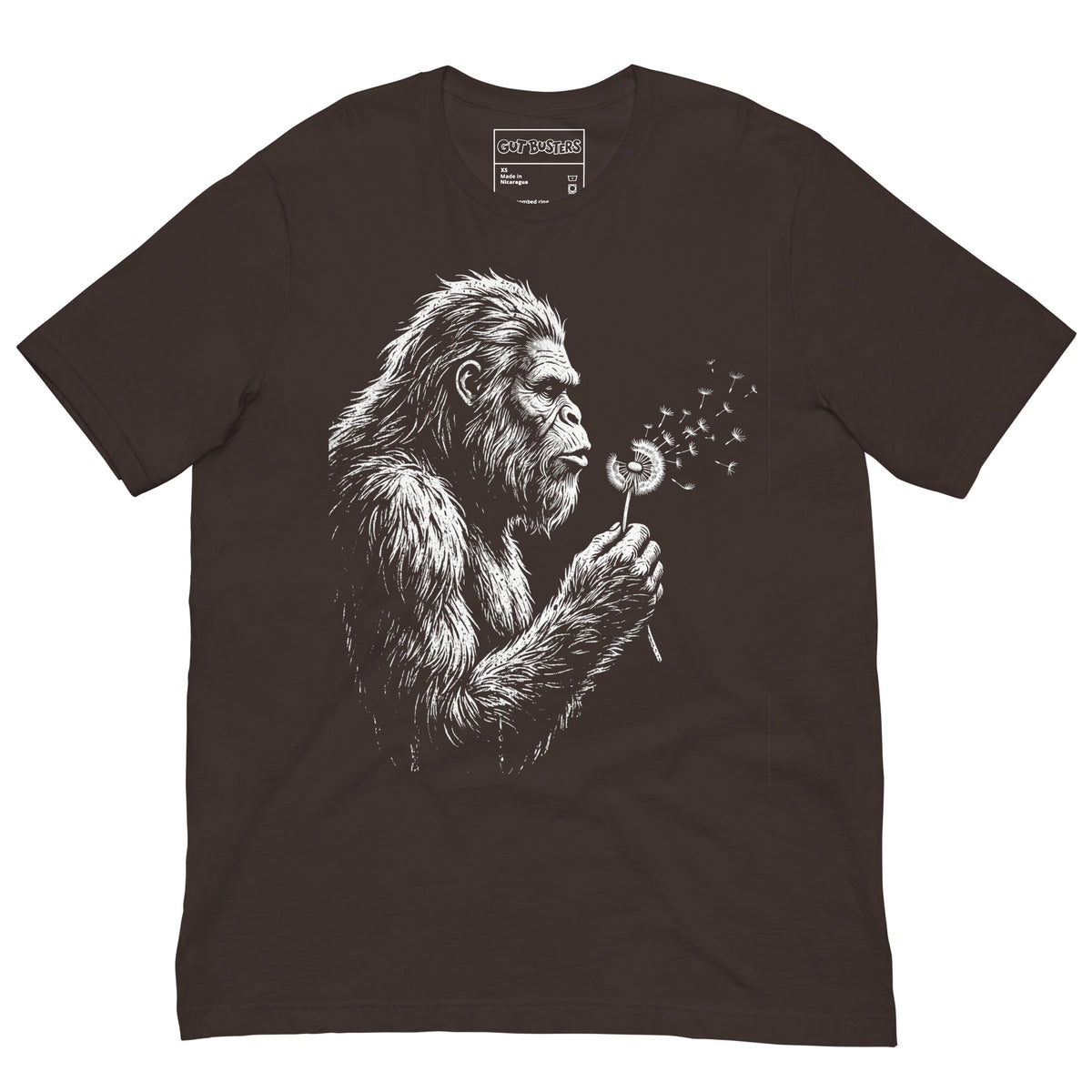 Funny "Bigfoots The Soft Giant" graphic printed on a brown unisex tee, front view