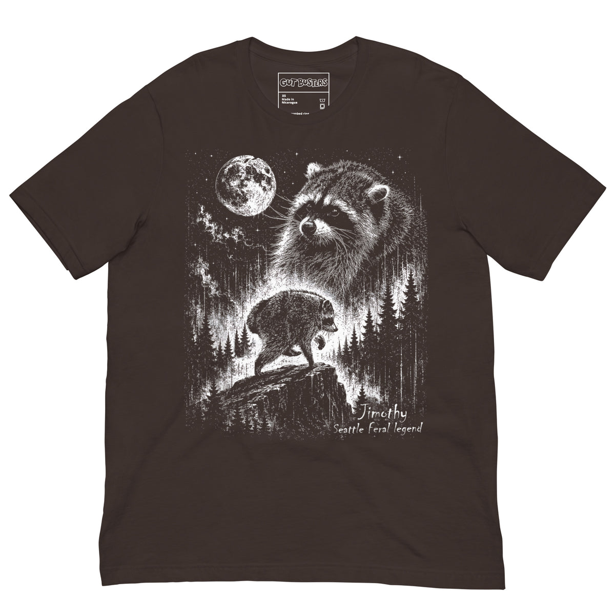 Funny "Jimothy The Raccoon Legend" graphic printed on a brown unisex tee, front view
