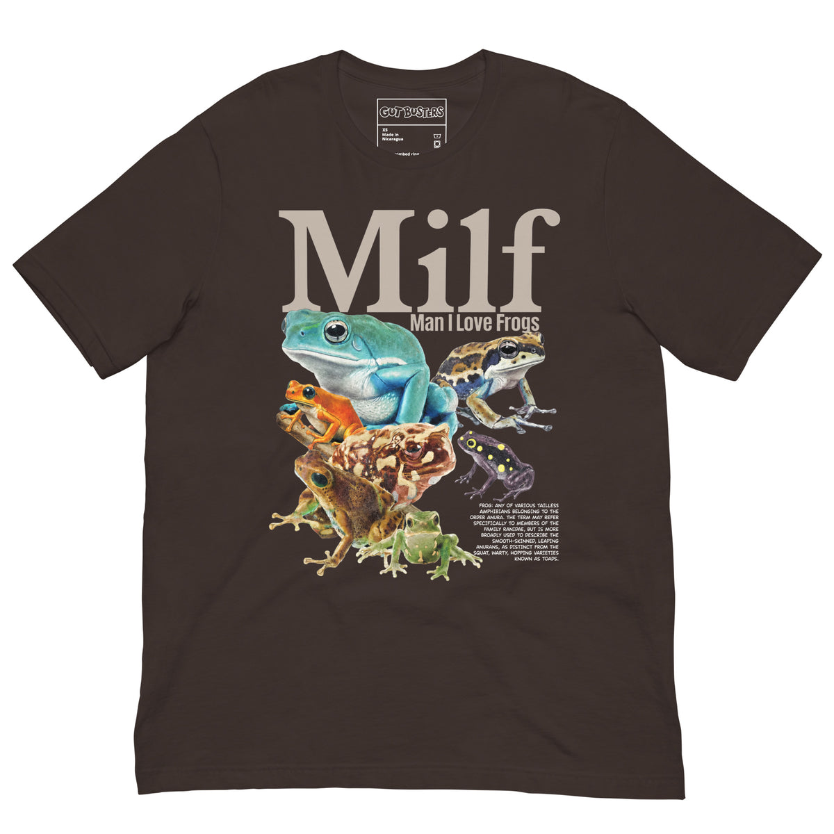 Funny "Milf: Man I Love Frog" graphic printed on a brown unisex tee, front view