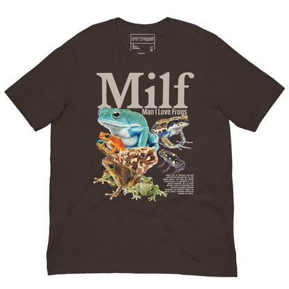 Funny "Milf: Man I Love Frog" graphic printed on a brown unisex tee, front view