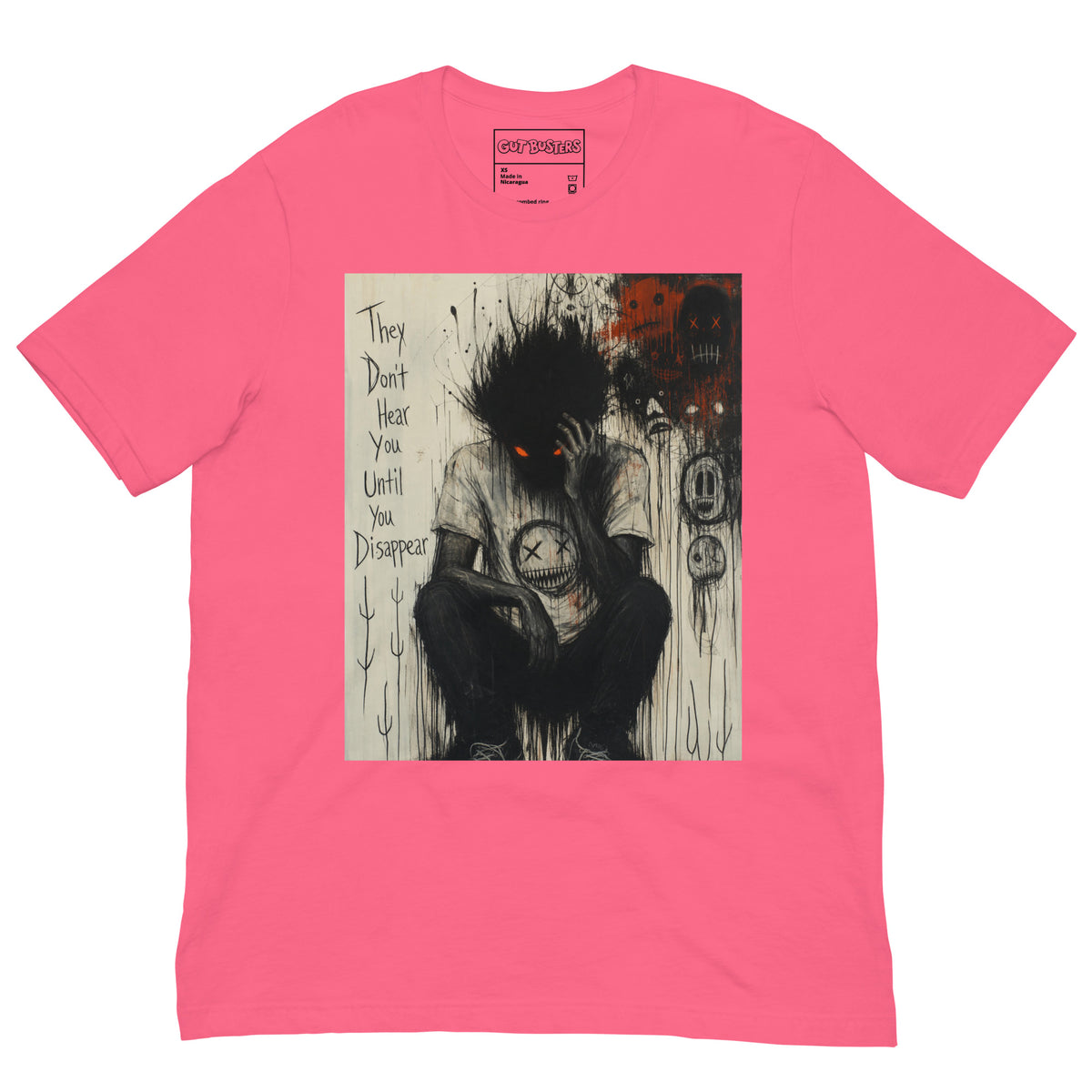 Pink unisex t-shirt with the 'To Late' goth graphic: a shadowy, wild-haired figure with glowing red eyes hunched over, with the words "They don't hear you until you disappear"