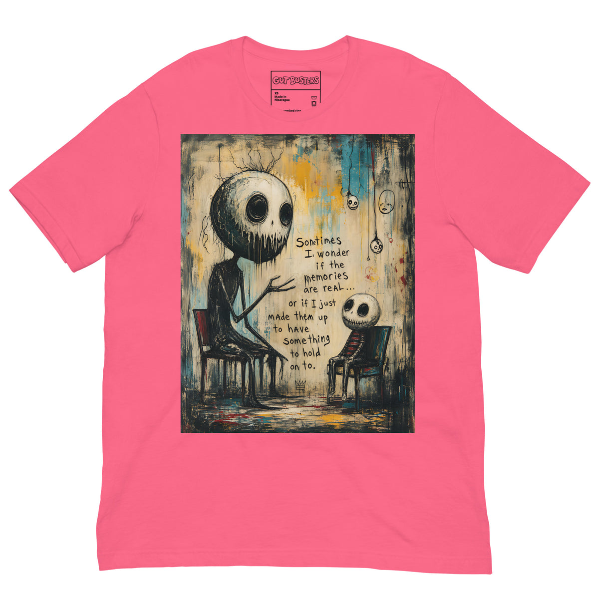 Pink unisex t-shirt with the 'Memories' goth graphic: two skull-faced figures sitting in chairs, with the words "Sometimes I wonder if the memories are real"