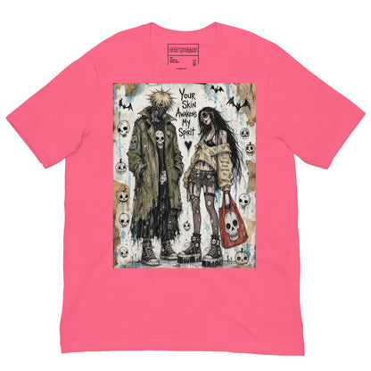 Pink unisex t-shirt with the 'Your Skin Awakens My Spirit' goth graphic: a grunge zombie couple standing together, with the words "Your skin awakens my spirit"