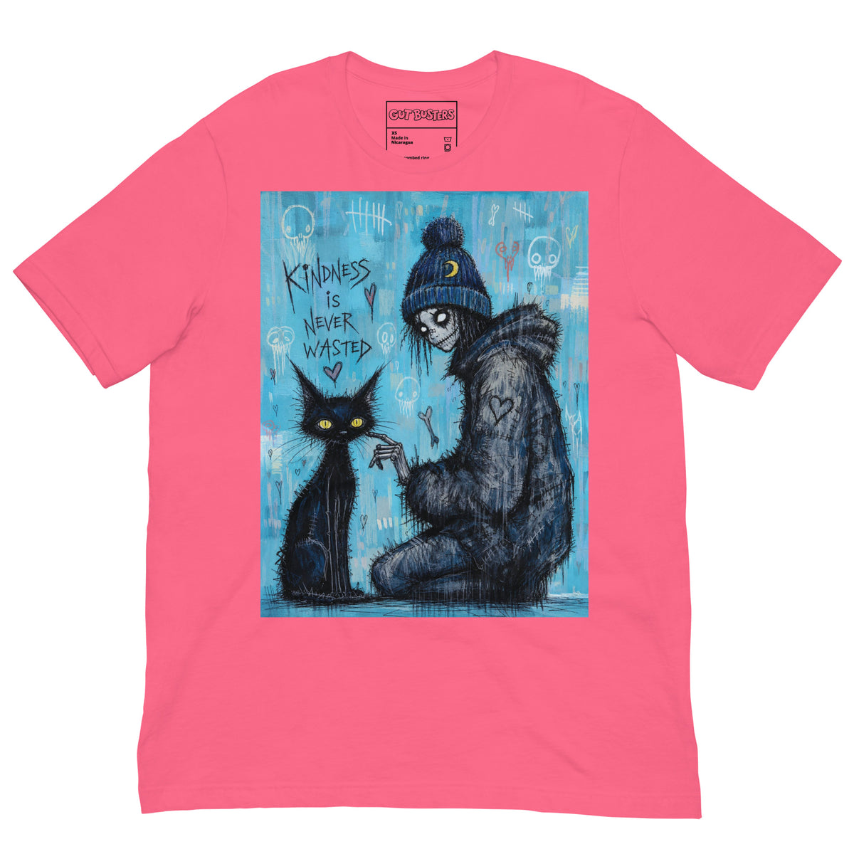 Pink unisex t-shirt with the 'Kindness Is Never Wasted' goth graphic: a girl in a moon beanie petting a black cat on a blue background, with the words "Kindness is never wasted"