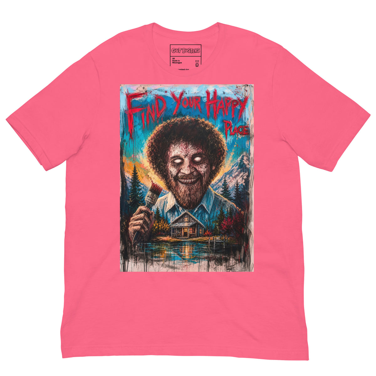 Pink unisex t-shirt with the 'Find Your Happy Place' goth graphic: a zombie painter with a curly afro holding a paintbrush in front of a lakeside cabin, with the words "Find your happy place"