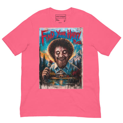 Pink unisex t-shirt with the 'Find Your Happy Place' goth graphic: a zombie painter with a curly afro holding a paintbrush in front of a lakeside cabin, with the words "Find your happy place"