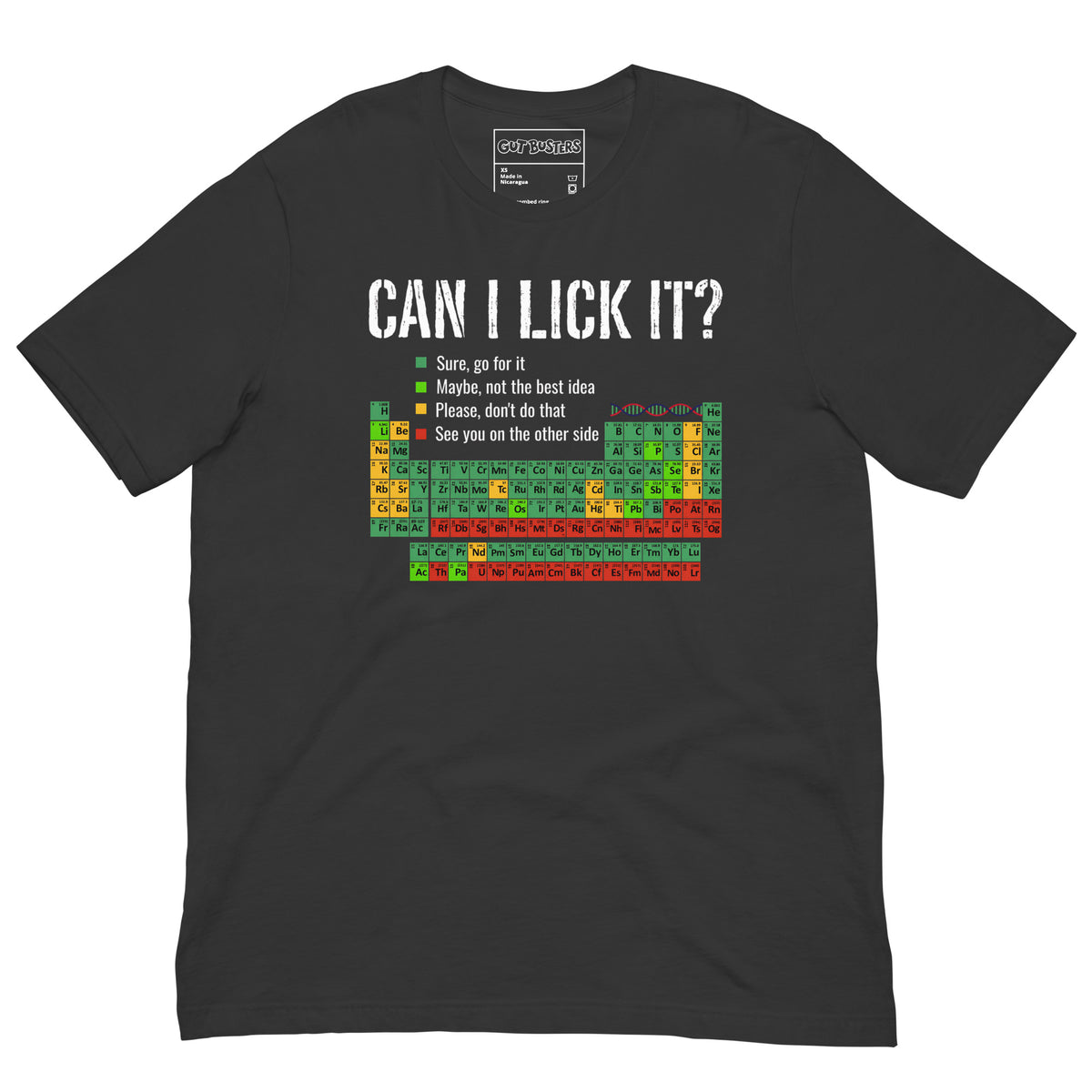 Funny "Can I Lick It? Chemistry 101" graphic printed on a dark grey unisex tee, front view