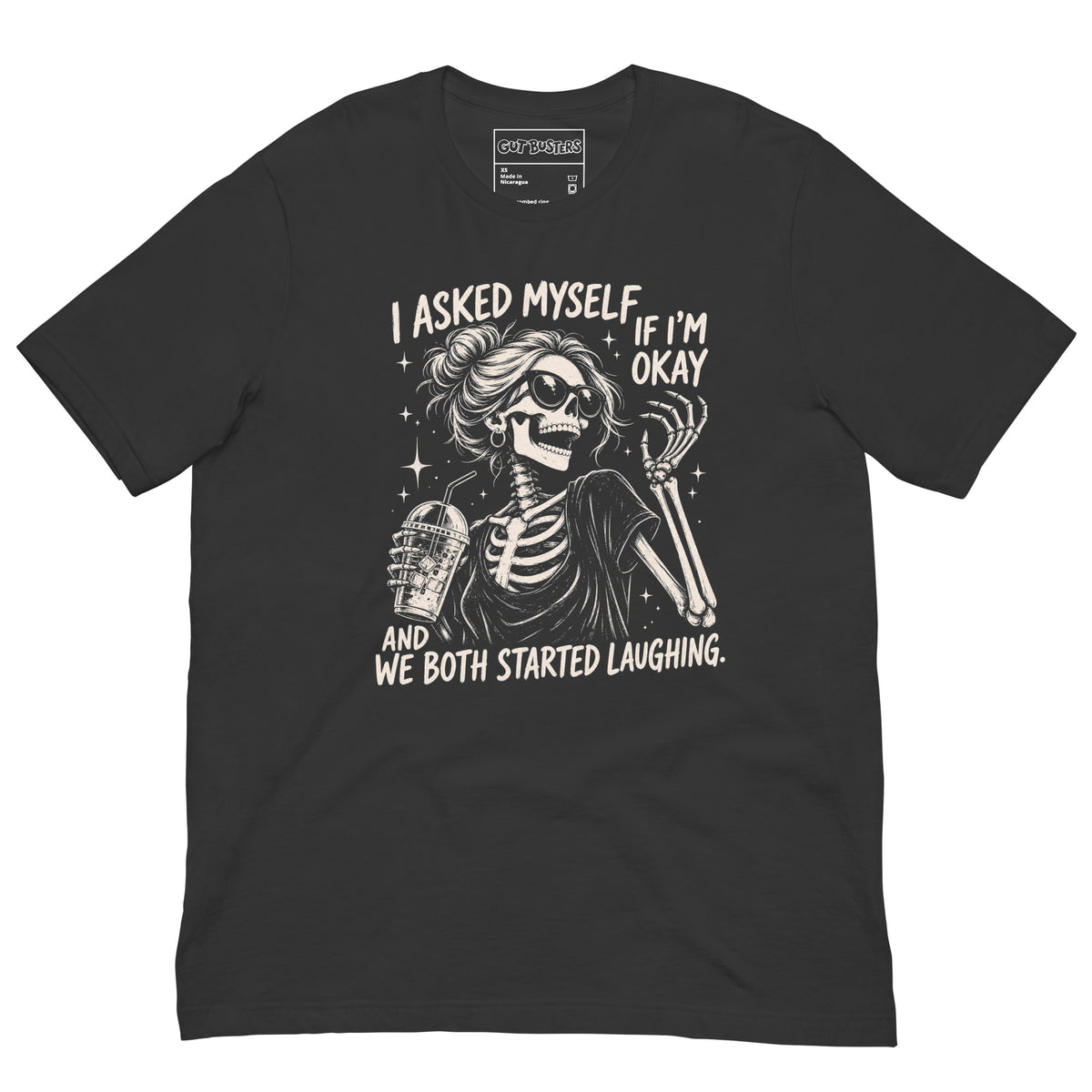 Funny "Am I Ok Self" graphic printed on a dark grey unisex tee, front view