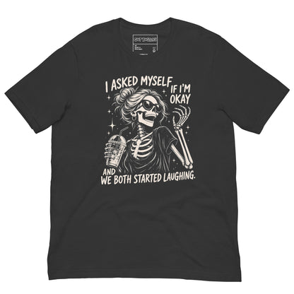 Funny "Am I Ok Self" graphic printed on a dark grey unisex tee, front view