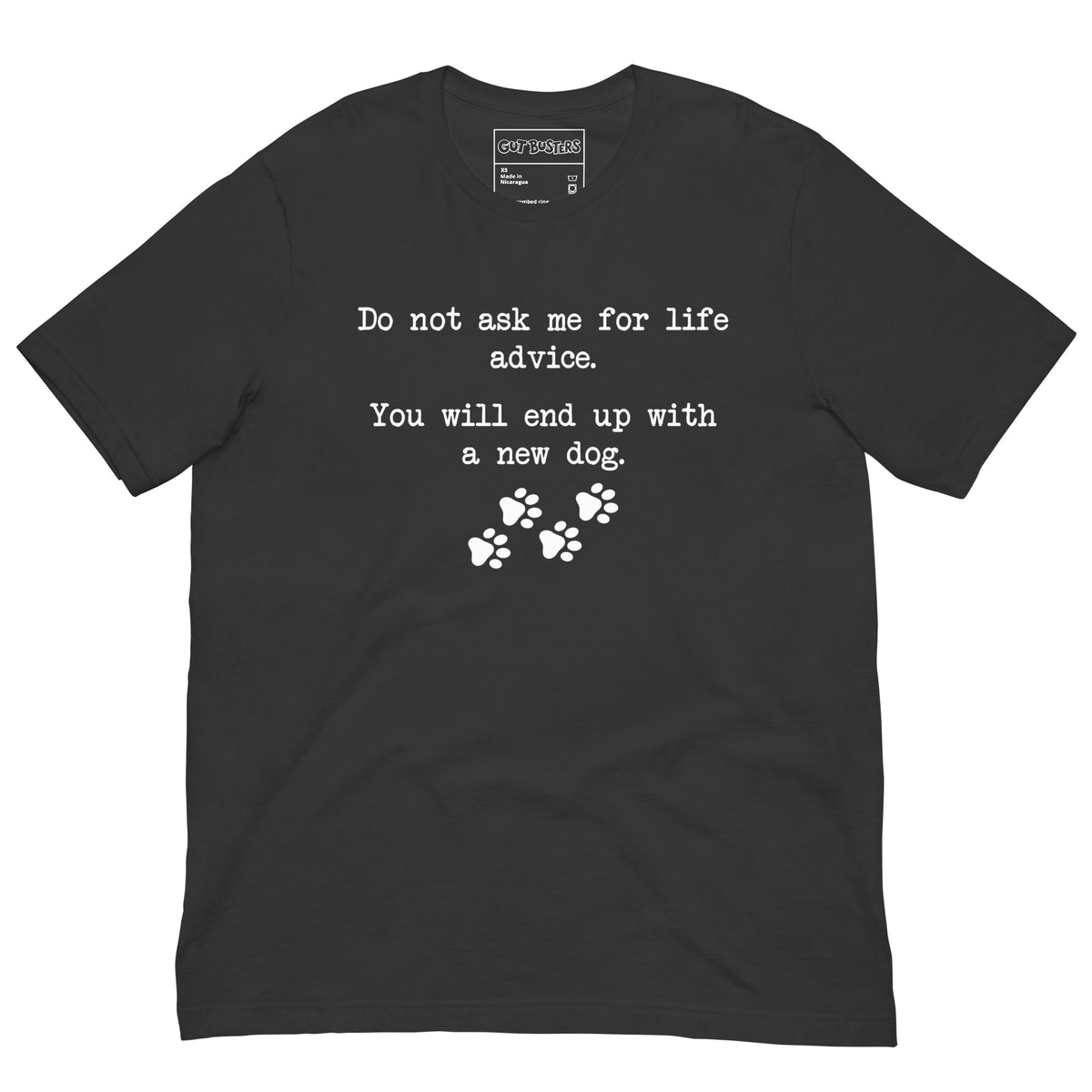 Funny "Don't Ask Me For Advice" graphic printed on a dark grey unisex tee, front view