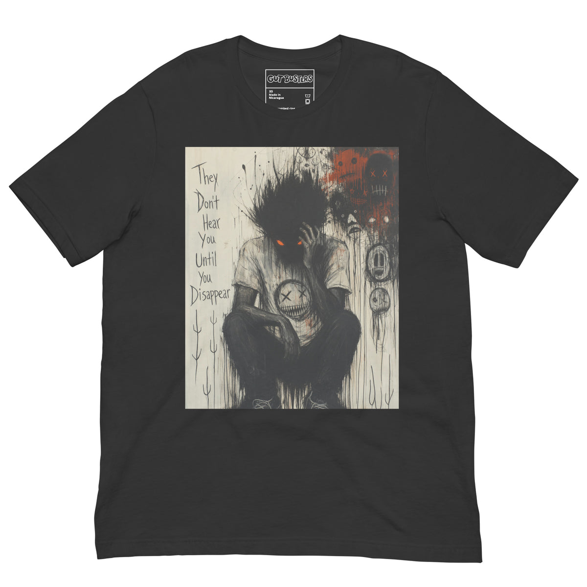 Dark grey unisex t-shirt with the 'To Late' goth graphic: a shadowy, wild-haired figure with glowing red eyes hunched over, with the words "They don't hear you until you disappear"