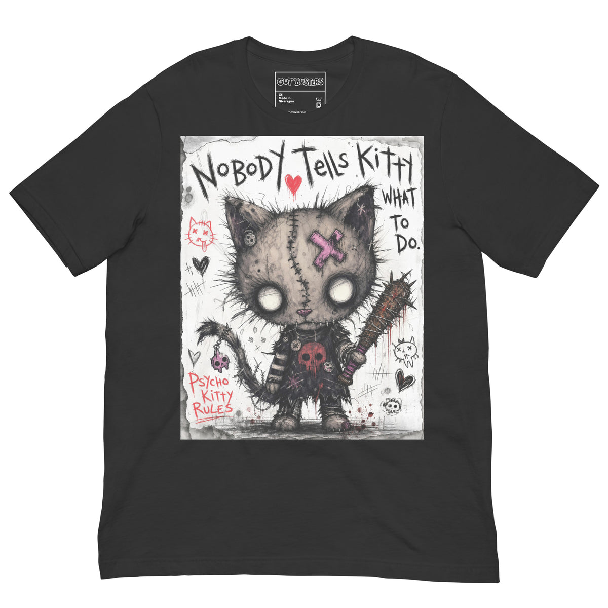 Dark grey unisex t-shirt with the 'Kitty' goth graphic: a stitched zombie cat holding a spiked bat, with the words "Nobody tells Kitty what to do"