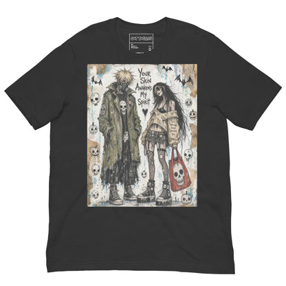Dark grey unisex t-shirt with the 'Your Skin Awakens My Spirit' goth graphic: a grunge zombie couple standing together, with the words "Your skin awakens my spirit"