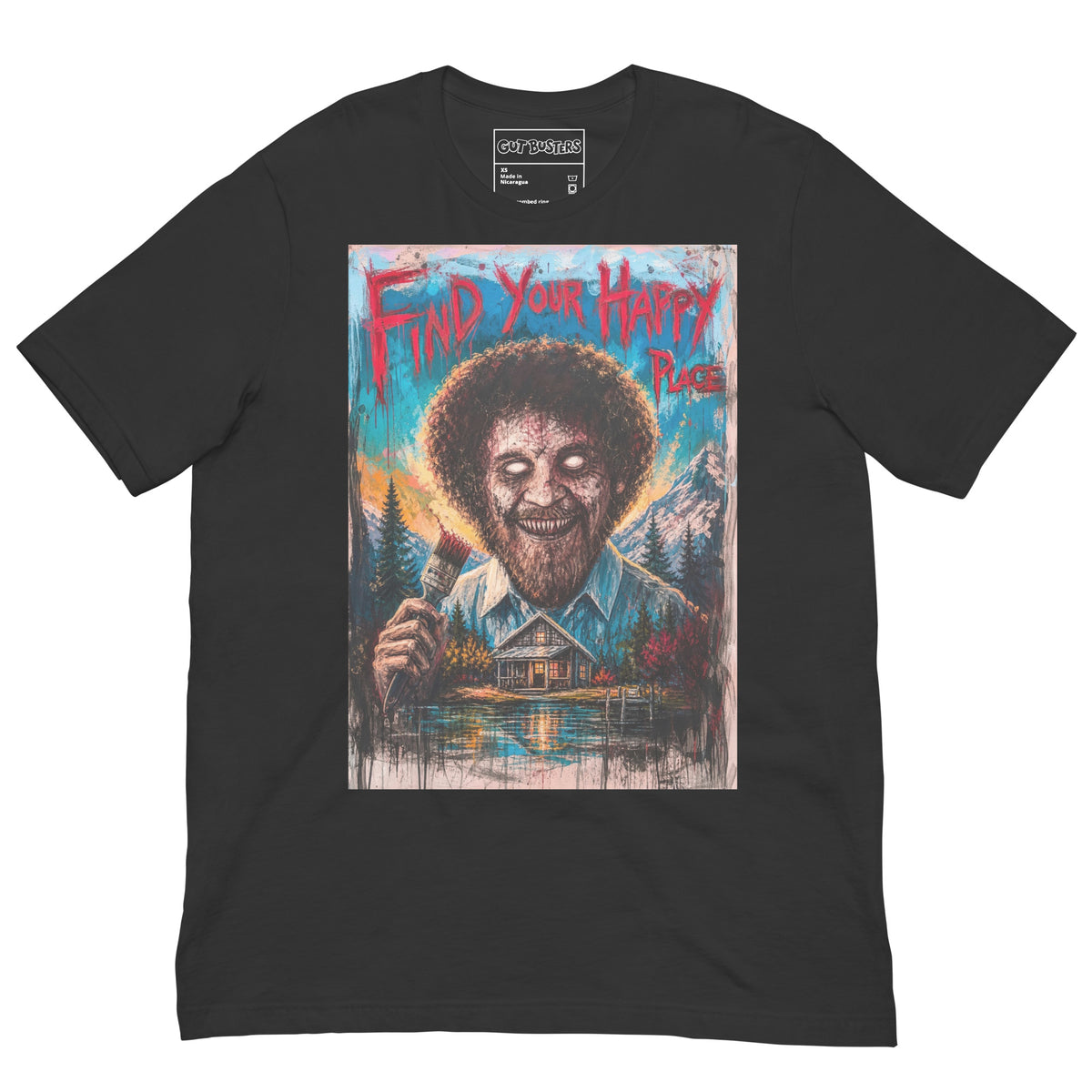 Dark grey unisex t-shirt with the 'Find Your Happy Place' goth graphic: a zombie painter with a curly afro holding a paintbrush in front of a lakeside cabin, with the words "Find your happy place"