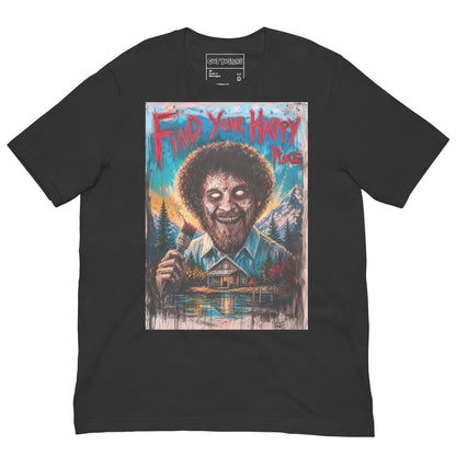 Dark grey unisex t-shirt with the 'Find Your Happy Place' goth graphic: a zombie painter with a curly afro holding a paintbrush in front of a lakeside cabin, with the words "Find your happy place"