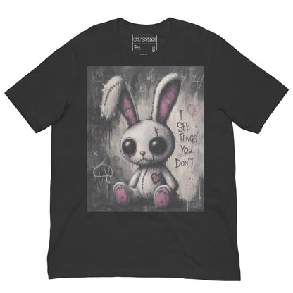 Dark grey unisex t-shirt with the 'I See Things You Don't' goth graphic: a stitched white bunny with hollow eyes, with the words "I see things you don't"
