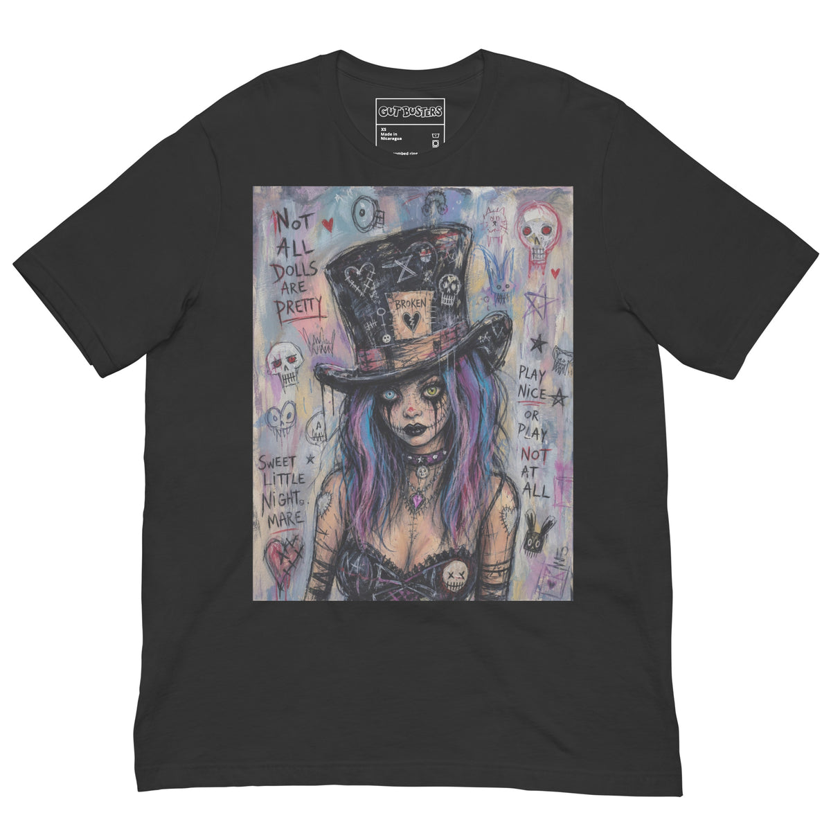 Dark grey unisex t-shirt with the 'The Real Alice' goth graphic: a goth girl with blue and purple hair in a patched top hat, with the words "Not all dolls are pretty"