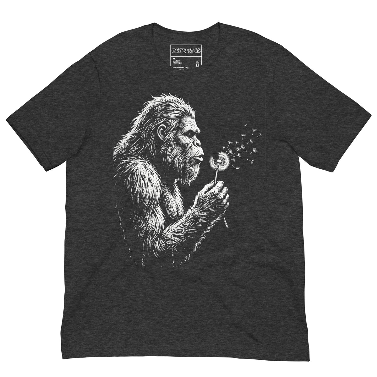Funny "Bigfoots The Soft Giant" graphic printed on a dark grey heather unisex tee, front view