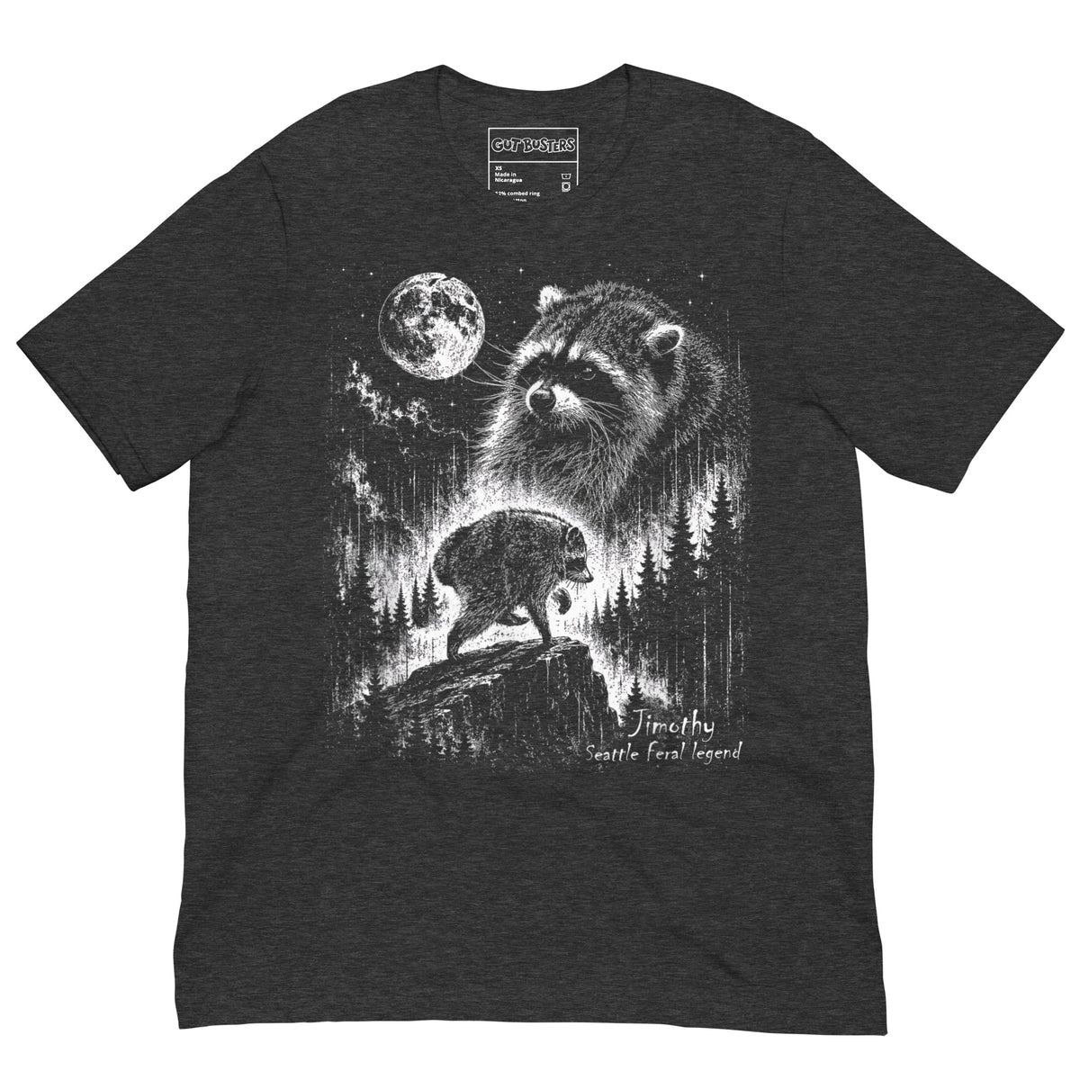 Funny "Jimothy The Raccoon Legend" graphic printed on a dark grey heather unisex tee, front view
