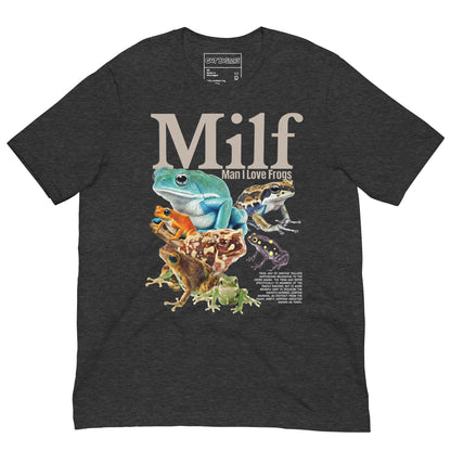 Funny "Milf: Man I Love Frog" graphic printed on a dark grey heather unisex tee, front view