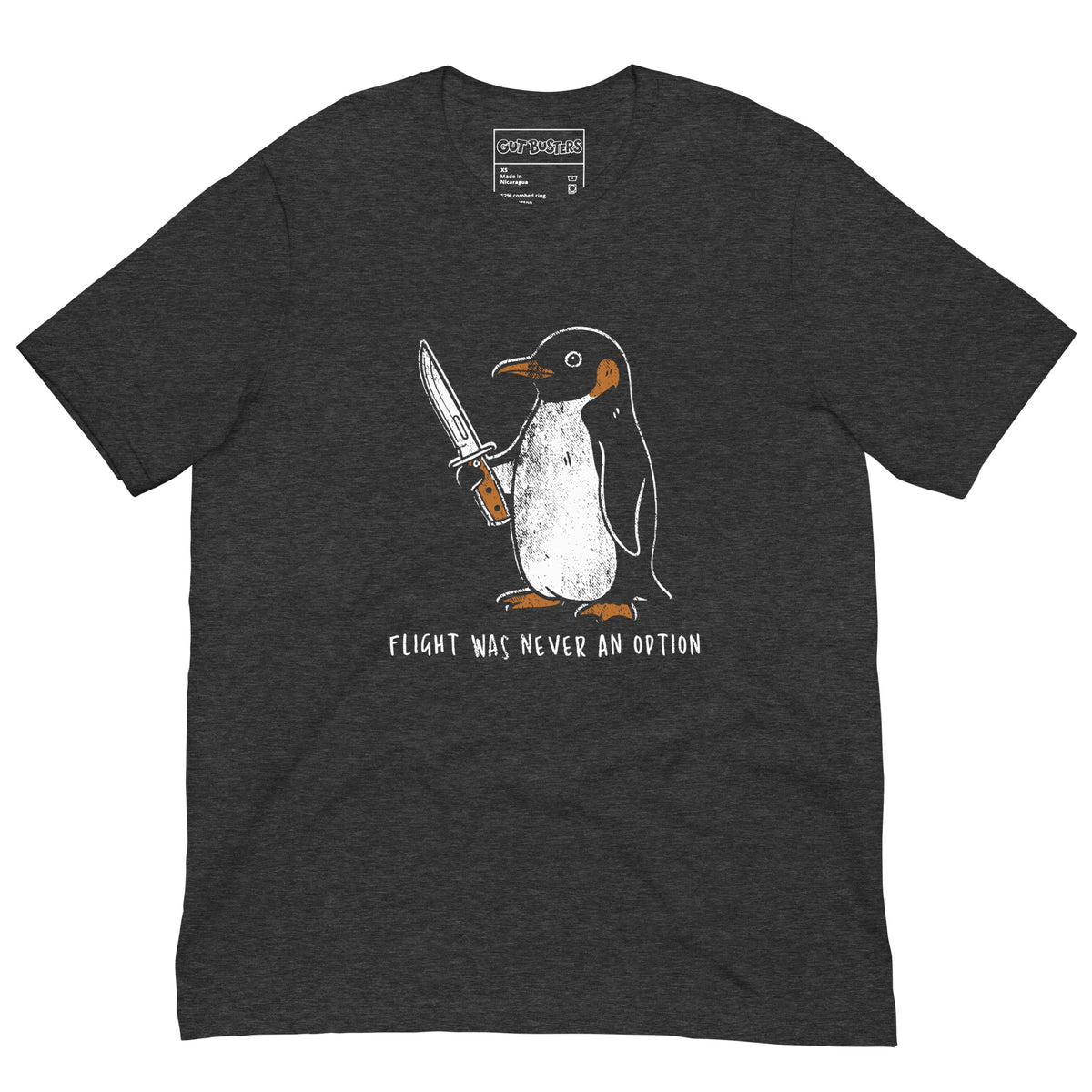 Funny "Flight Was Never An Option" graphic printed on a dark grey heather unisex tee, front view