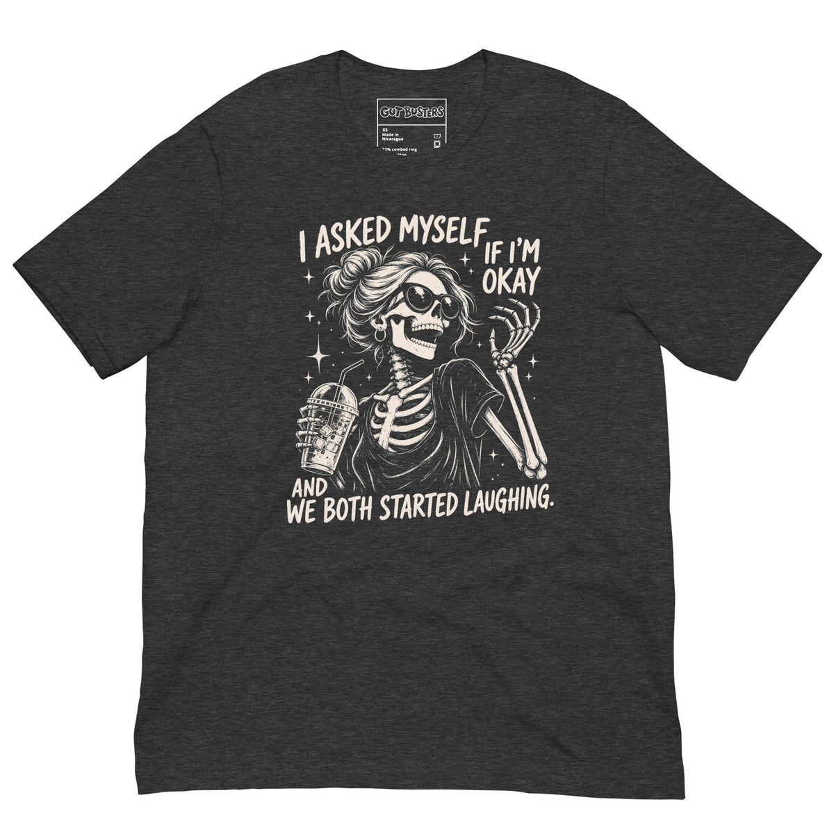 Funny "Am I Ok Self" graphic printed on a dark grey heather unisex tee, front view