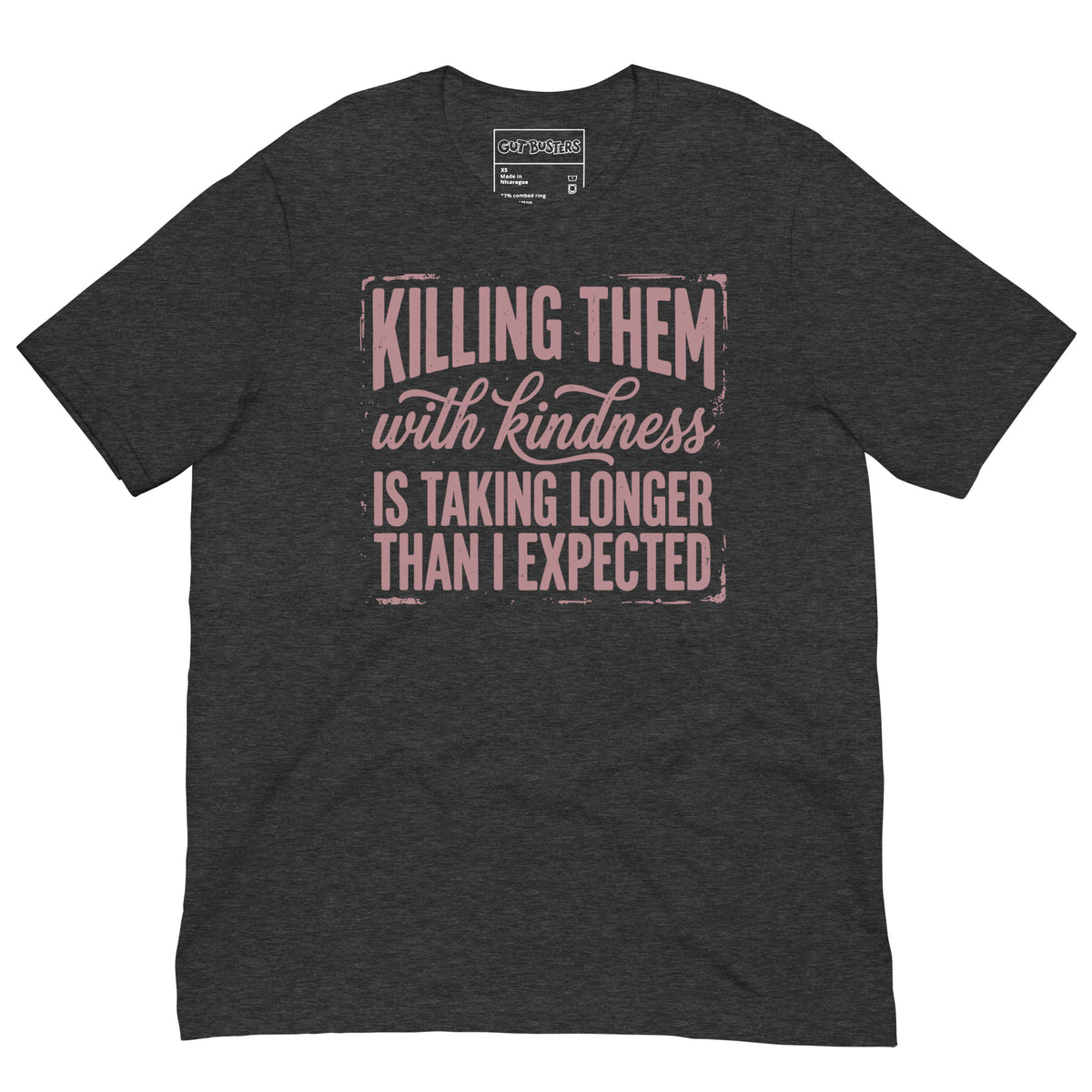 Funny "This Is Taking Way To Long" graphic printed on a dark grey heather unisex tee, front view