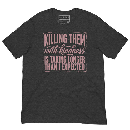 Funny "This Is Taking Way To Long" graphic printed on a dark grey heather unisex tee, front view