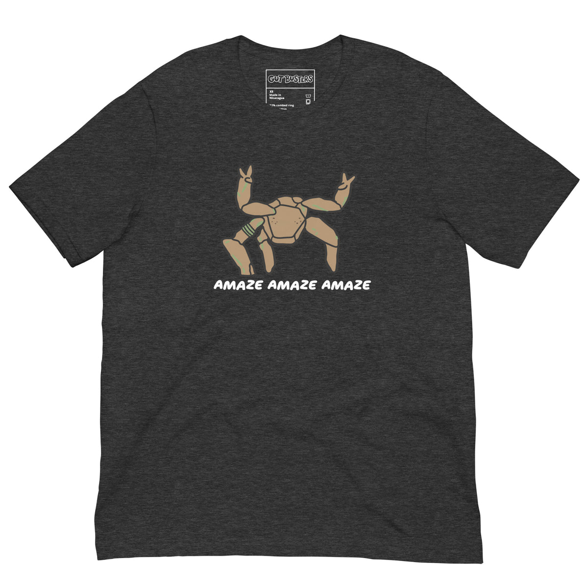 Funny "Rocky The Alien" graphic printed on a dark grey heather unisex tee, front view