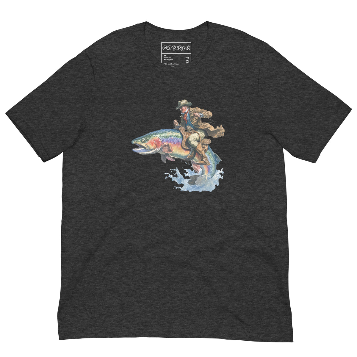 Funny "Salmon Wrangler...They're Real" graphic printed on a dark grey heather unisex tee, front view